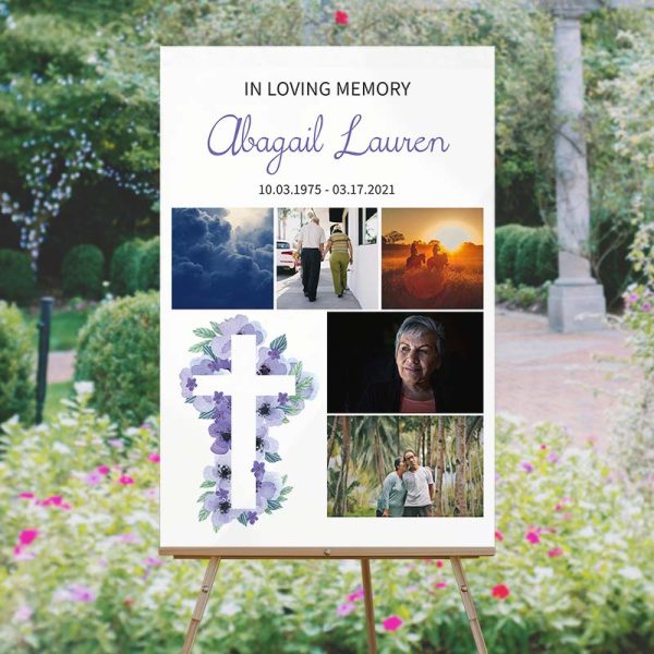 Lavender Floral Cross Funeral Memory Board - Garden Temp Photo