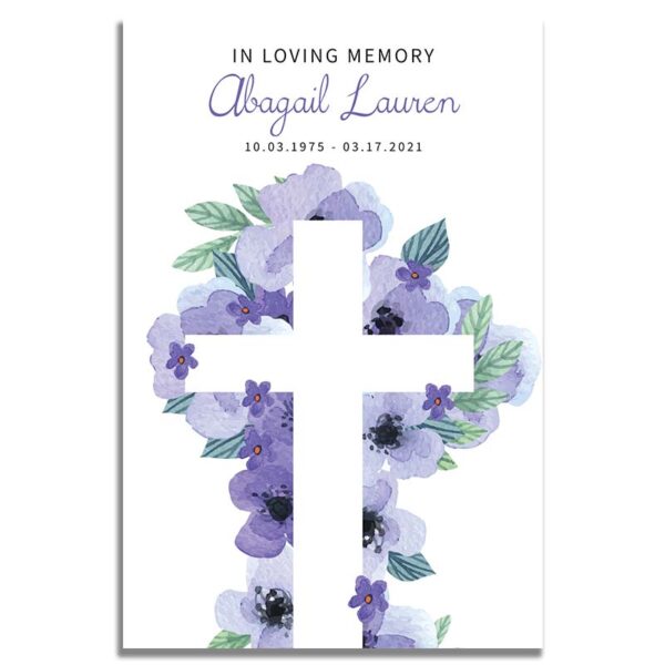 Front Side: Lavender Floral Cross Funeral Prayer Card