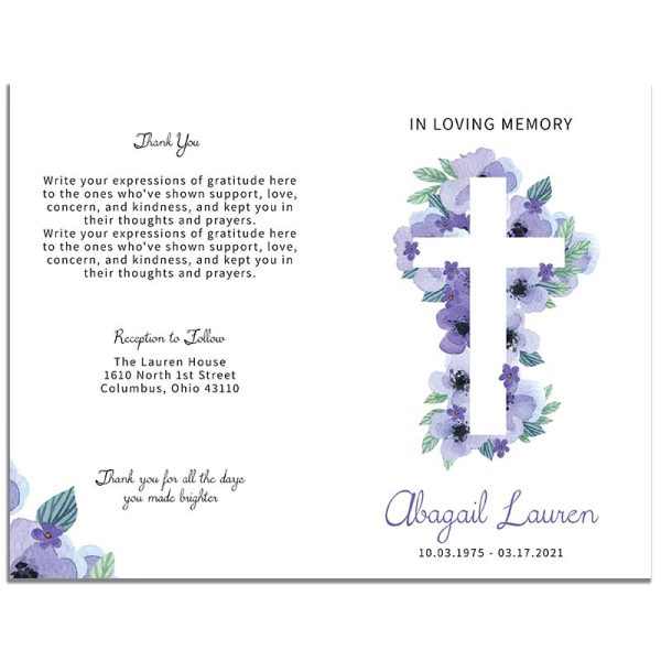 Front & Back - Lavender Floral Cross Funeral Program Template