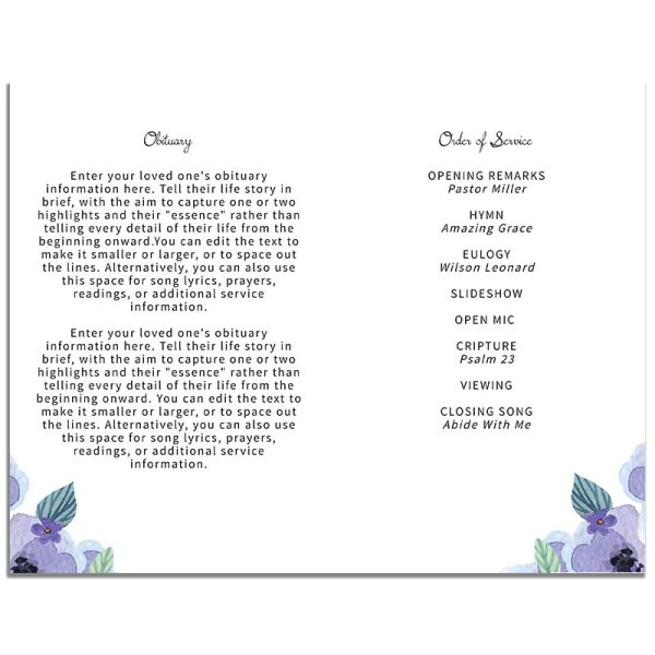 Lavender Floral Cross Funeral Program Template - inside pages