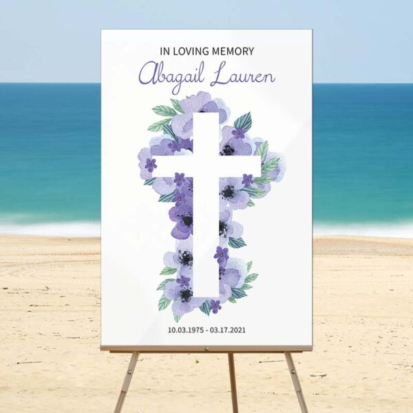 Lavender Floral Cross Funeral Welcome Board - Beach Temp Photo