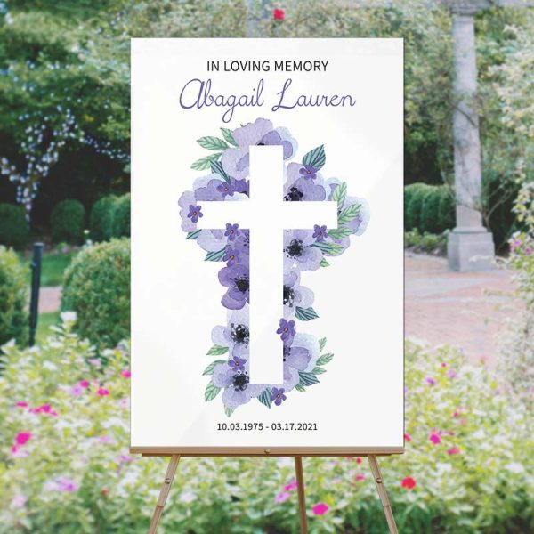 Lavender Floral Cross Funeral Welcome Board - Garden Temp Photo