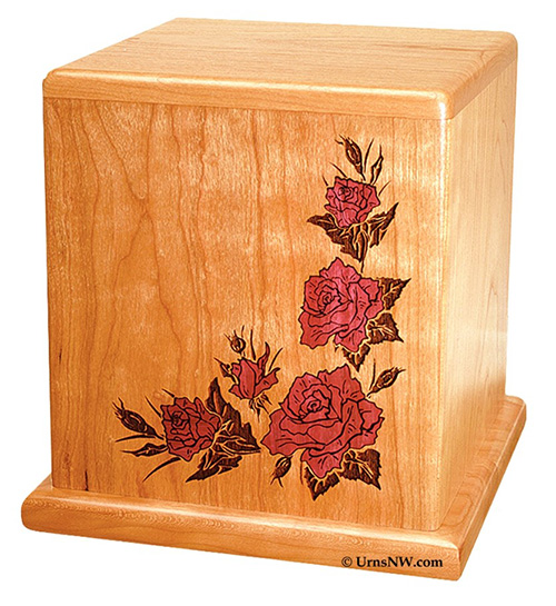 Wood Cremation Urns - Red Roses Cherry Wood Urn