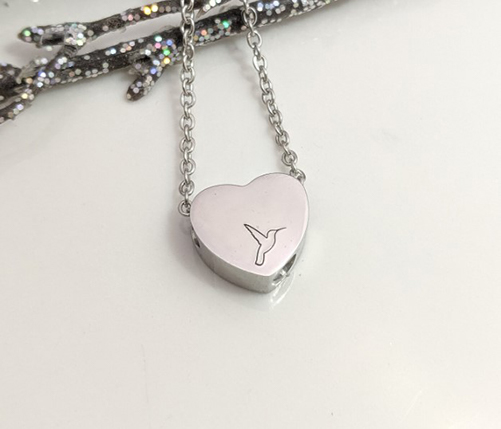 Hummingbird Engraved Heart Urn Necklace