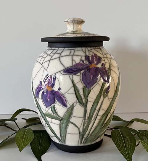 handmade purple iris ceramic cremation urns