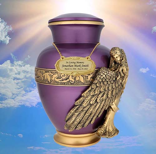 wings of an angel gold purple cremation urn