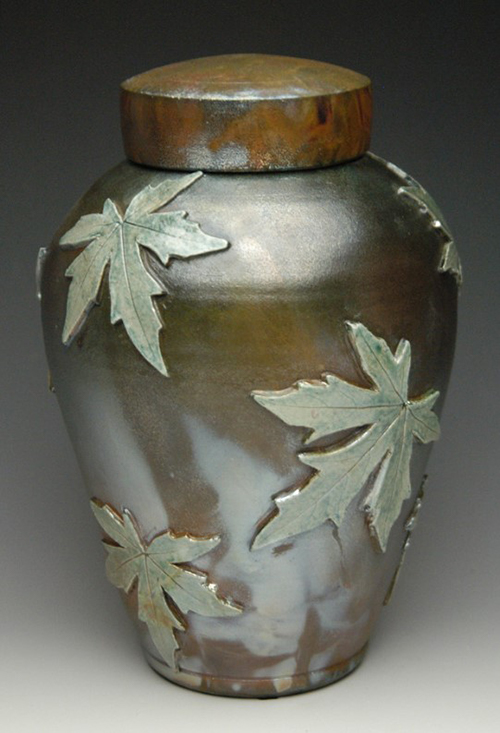 Handcrafted Falling Leaves Maple Raku Ceramic Cremation Urn