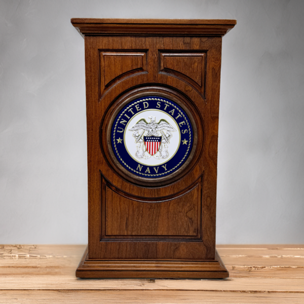 US Navy Military Urn in Carved Cherry Wood