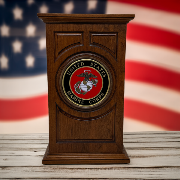 US Marine Corps Military Urn in Carved Cherry Wood - Image 3
