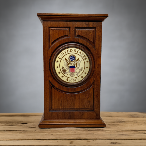 US Army Military Urn in Carved Cherry Wood