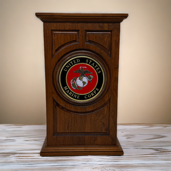 US Marine Corps Military Urn in Carved Cherry Wood