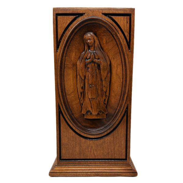 Carved Virgin Mary Catholic Cremation Urn in Cherry or Walnut Hardwood (Vertical Style) - Image 8