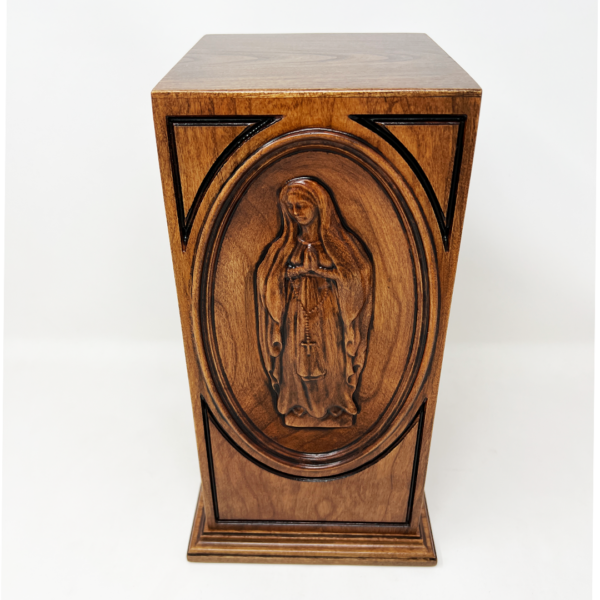 Carved Virgin Mary Catholic Cremation Urn in Cherry or Walnut Hardwood (Vertical Style) - Image 3
