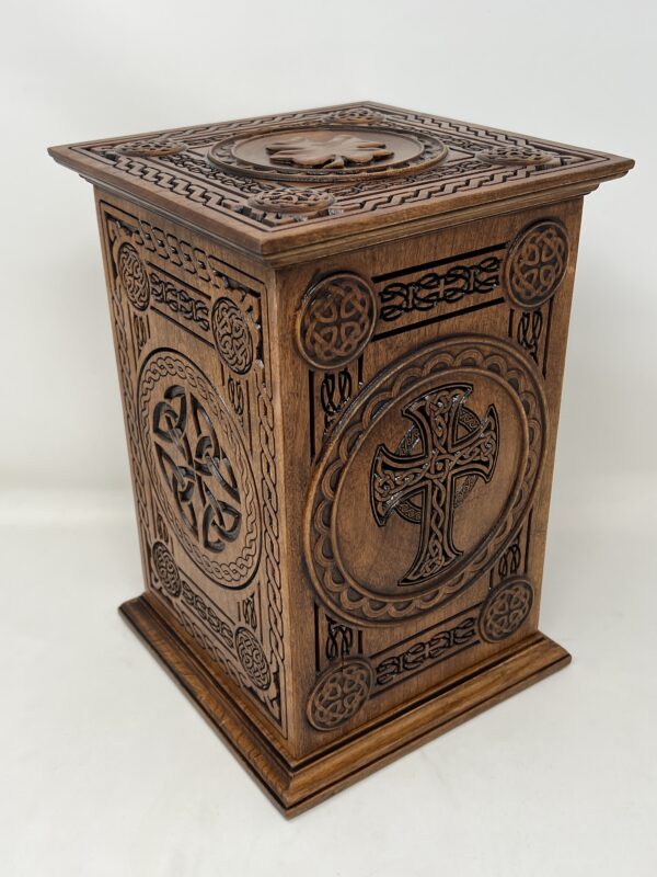 Irish Celtic Cross Carved Cherry Cremation Urn - Image 4