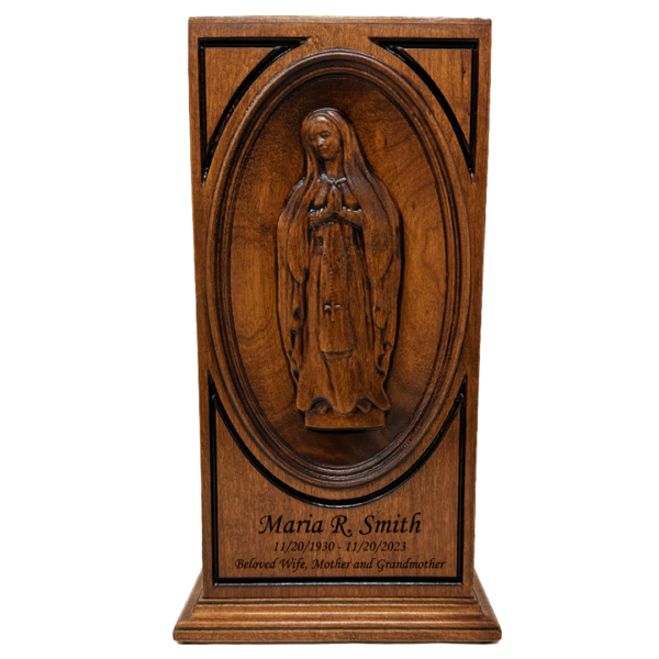 Carved Virgin Mary Catholic Cremation Urn in Cherry or Walnut Hardwood (Vertical Style) - Image 2