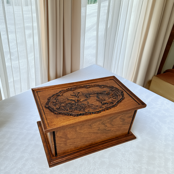 Carved Duck Hunting Urn in Cherry or Walnut Hardwood - Image 3