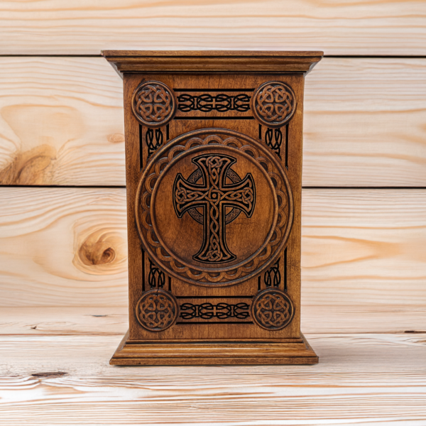Irish Celtic Cross Carved Cherry Cremation Urn