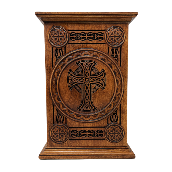Irish Celtic Cross Carved Cherry Cremation Urn - Image 2