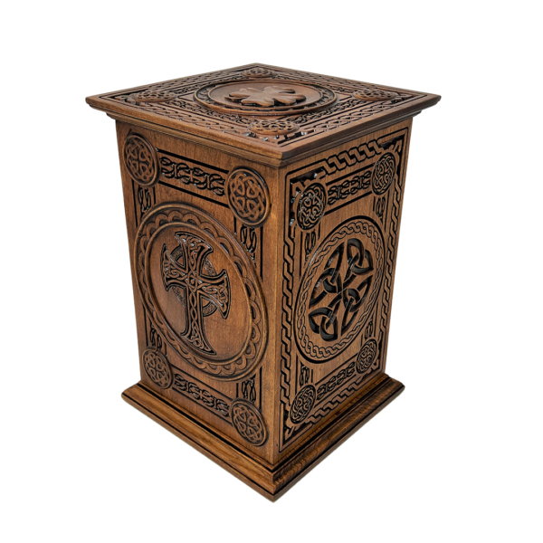 Irish Celtic Cross Carved Cherry Cremation Urn - Image 3
