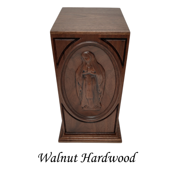 Carved Virgin Mary Catholic Cremation Urn in Cherry or Walnut Hardwood (Vertical Style) - Image 4