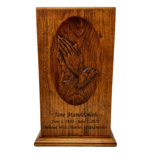 Praying Hands Carved Cremation Urn in Cherry Hardwood - Image 2