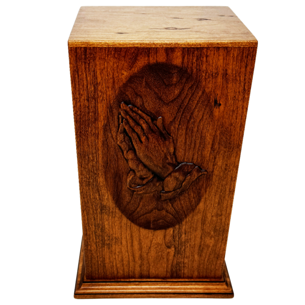 Praying Hands Carved Cremation Urn in Cherry Hardwood - Image 3