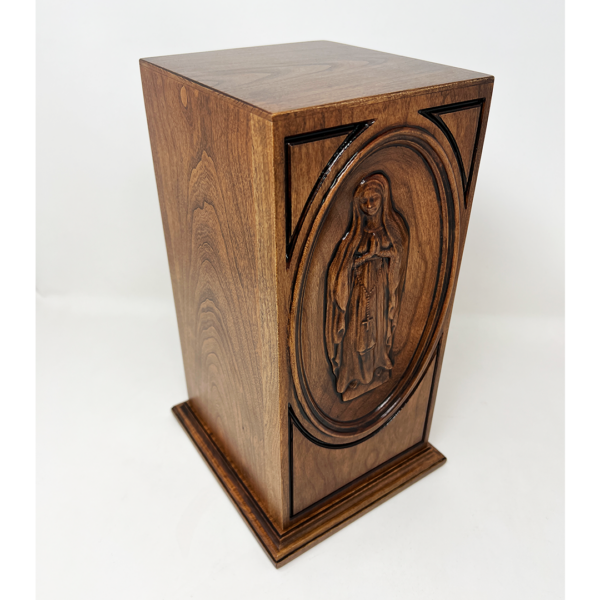 Carved Virgin Mary Catholic Cremation Urn in Cherry or Walnut Hardwood (Vertical Style) - Image 6