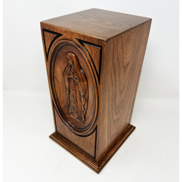 Carved Virgin Mary Catholic Cremation Urn in Cherry or Walnut Hardwood (Vertical Style) - Image 5